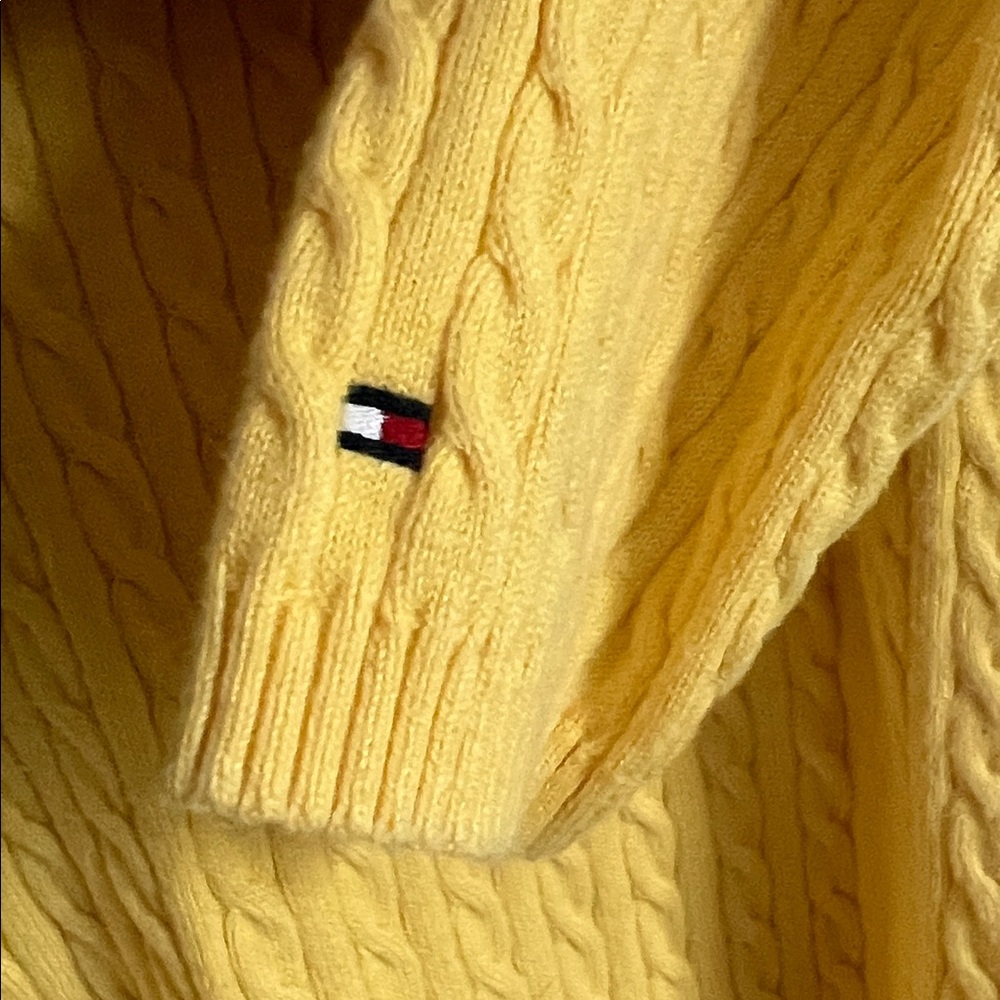 🪅Tommy Hilfiger 100% Cotton Yellow V-Neck Sweater Green Trim L Vintage 2004 - Picture 6 of 7